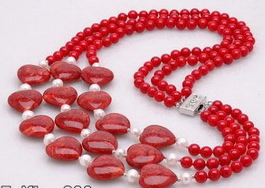 

Hot sale Free Shipping>>>>>3 Rows Red Coral Beads Red Jade Heart White Pearl Pendant 18KWGP Clasp Necklace