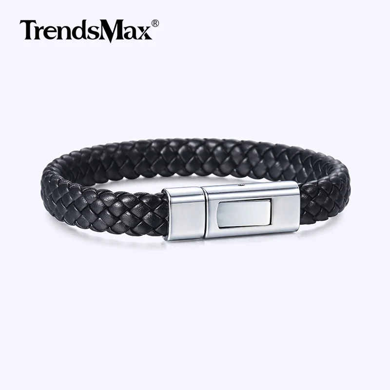 

Men's Leather Bracelet Handmade Black Leather Bracelets For Men Stainless Steel Clasp Male Jewelry Christmas Gifts 10mm LB738