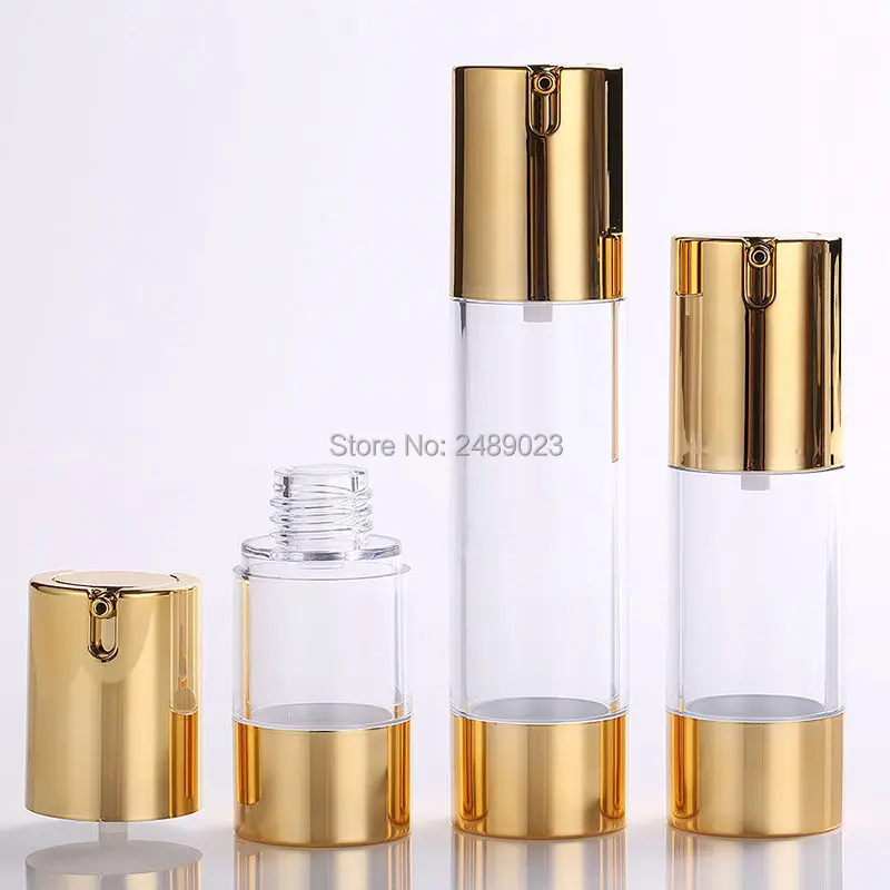 

Gold 15ml 30ml 50ml Airless Pump with Clear Body Bottle By Self Empty Reusable Refillable Diy Skin Care Creations 10pcs/lot