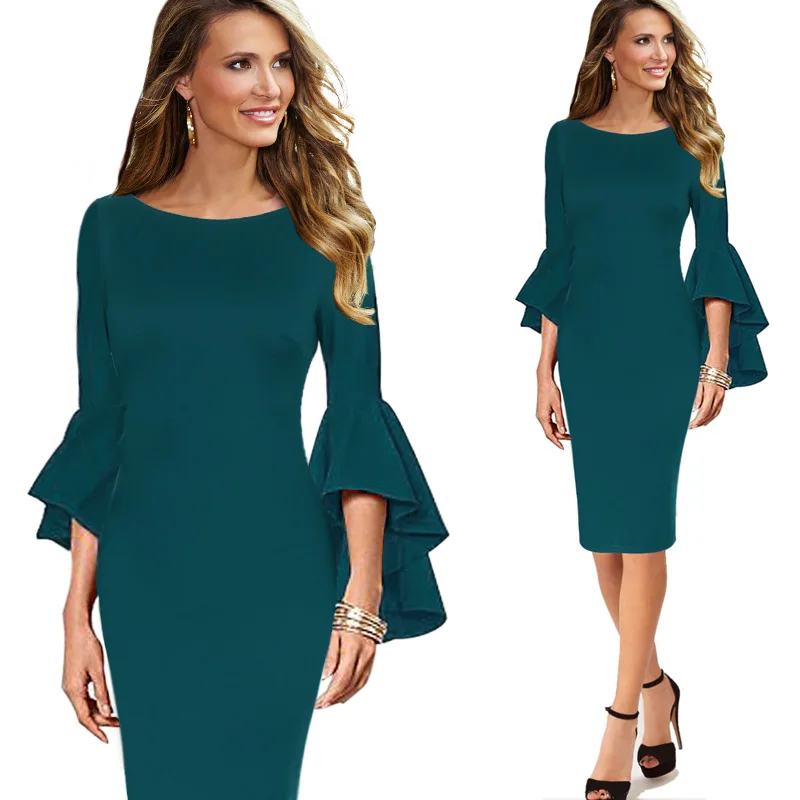 Vfemage женское осеннее Элегантное Длинное расклешенное модное винтажное вечернее коктейльное облегающее платье-футляр с расклешенными рукавами 8350 - Цвет: Green 1