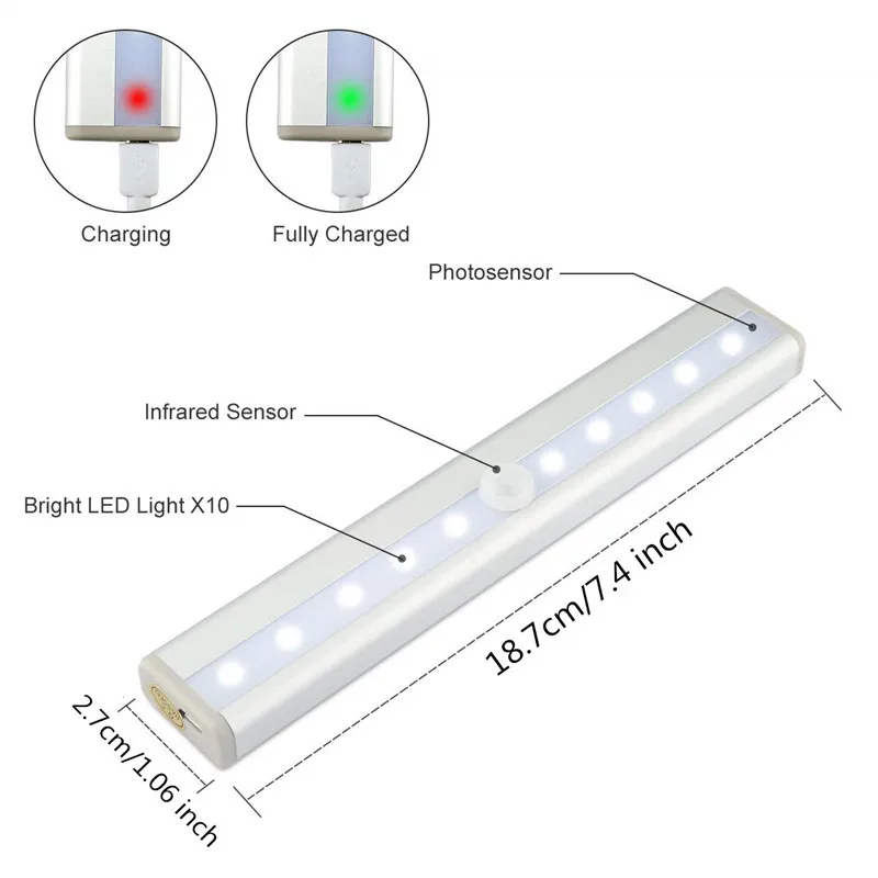 2 шт. 10 Светодиодный светильник для шкафа с датчиком движения, USB Перезаряжаемый шкаф, свет, приклеивается в любом месте для шкафа, ящика, шкафа