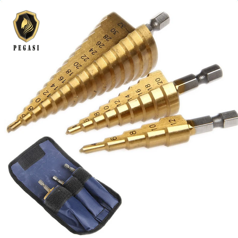 PEGASI 3pc Hss Step Cone Taper Drill Bit Set Hole Cutter Metric 4-12/20/32mm 1/4