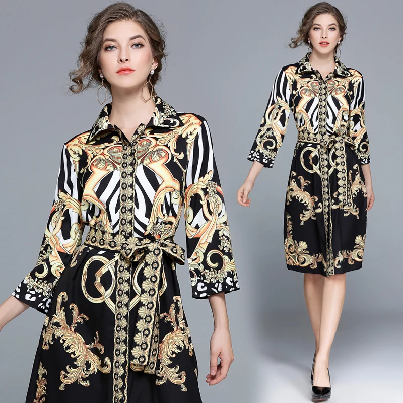 

2019 Runway Designers Women ladies Dress Slim Sashes Waisted Fashion Casual Knee-Length Printed Vintage Dresses Vestidos robes