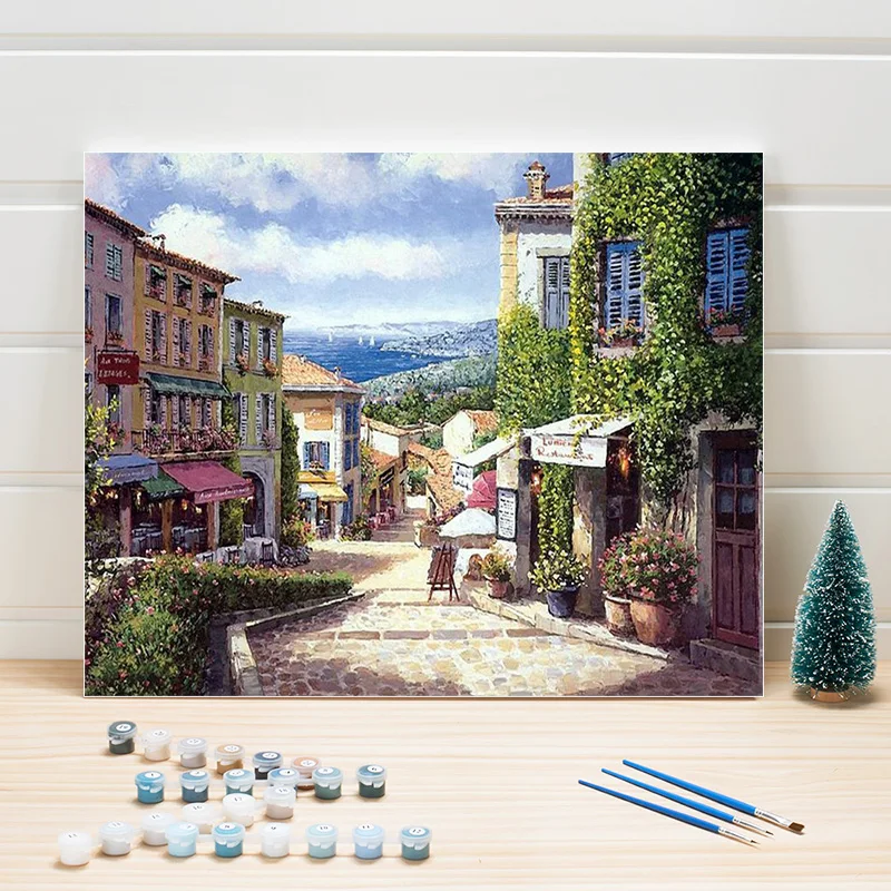 

Paint Painting By Number Town Street Scenery DIY Acrylic Color Art On Canvas Wall Pictures For Living Room Adults Draw One Piece