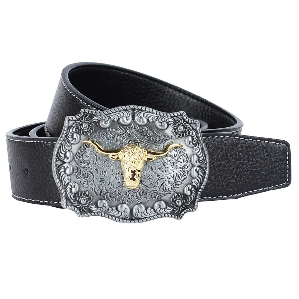 Womens Mens Vintage Western Cowboy Leather Belt Waistband Arabesque Cow Head Buckle Adjustable Leather Belt 