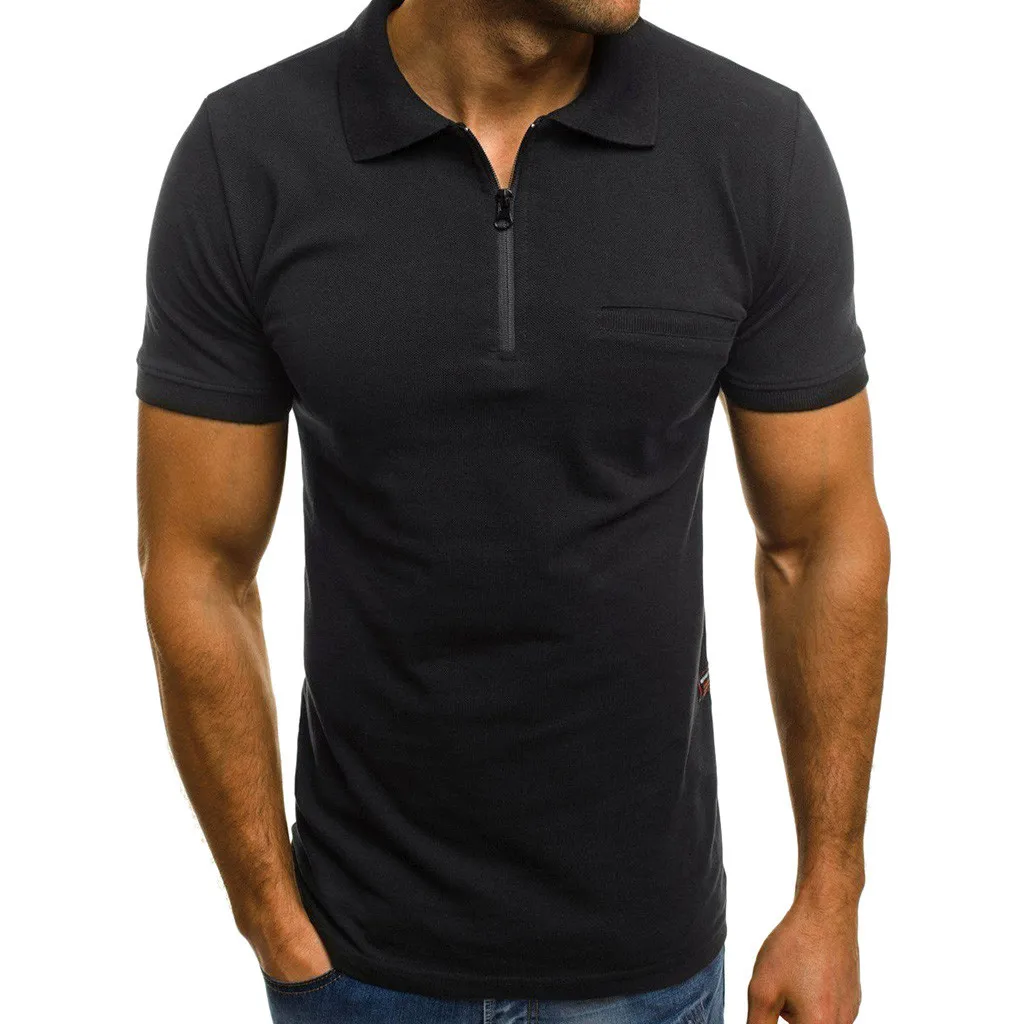 Men's Solid Color Short Sleeve Lapel Pocket Zip T Shirt Casual fashion ...