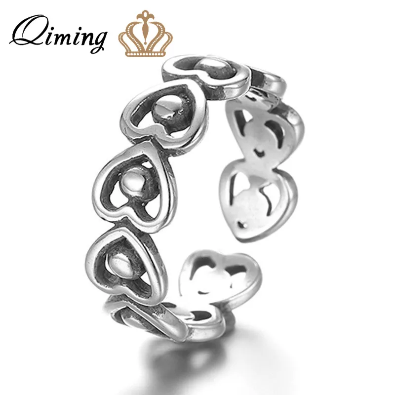 

QIMING Cute Love Heart Metal Ring Silver Finger Open Rings for Women Fashion Girls Ring Wedding Valentine's Day Gift Bague