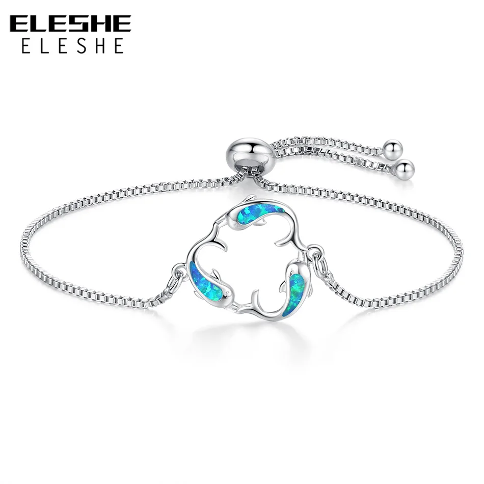 ELESHE 2 Colors Antique Silver Chain Bracelets with Zirconia Fire Opal Women Bracelet 2018 Dancing Dolphins Rose Gold Jewelry