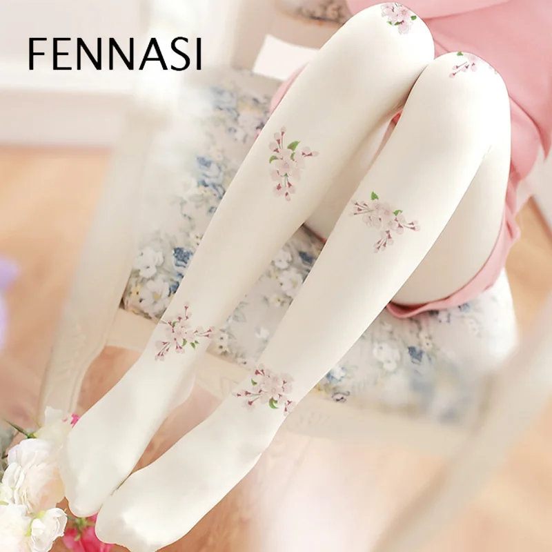 

FENNASI Japanese White Nylons Lady Tights Cute Kawaii Sticky Woman Tights Velvet Retro Flower Pattern Sexy Pantyhose Women Print