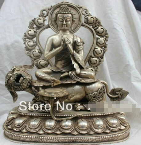 

Fast shipping 12.8'' Chinese Tibetan Buddhism Silver Bronze statue Sakyamuni On Tiger Buddha