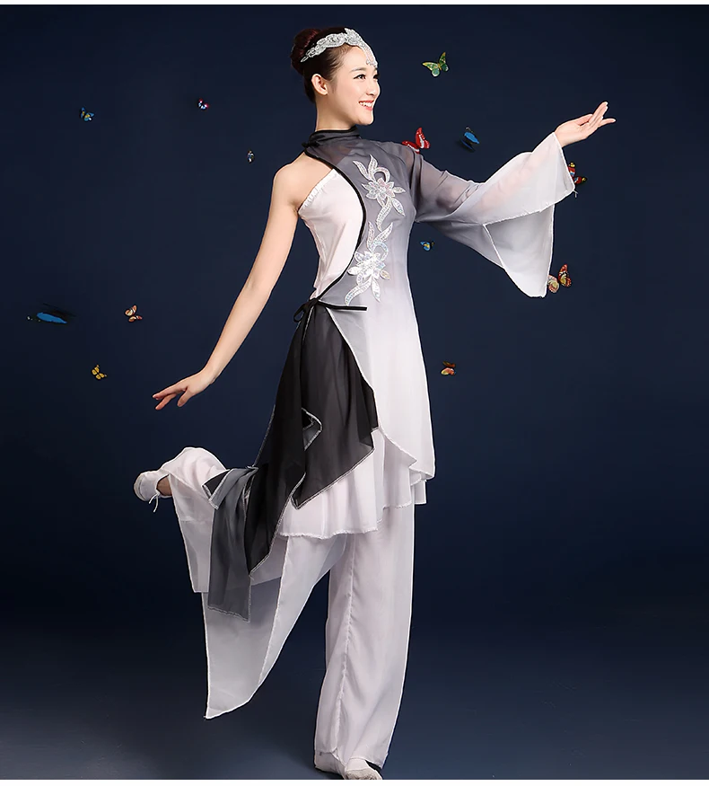 Новые женские один рукав живописи тушью цветок Вышивка кунг-фу для выступления Цзяннань вентилятор unmbrella Классическая Танцевальный костюм