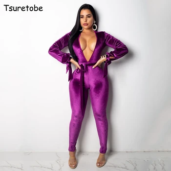 

Tsuretobe Bodycon Velvet Casual Jumpsuit Womens Romper Backless Sexy Elegant Oversuit Female Hollow Out Bandage Floral Jumpsuit