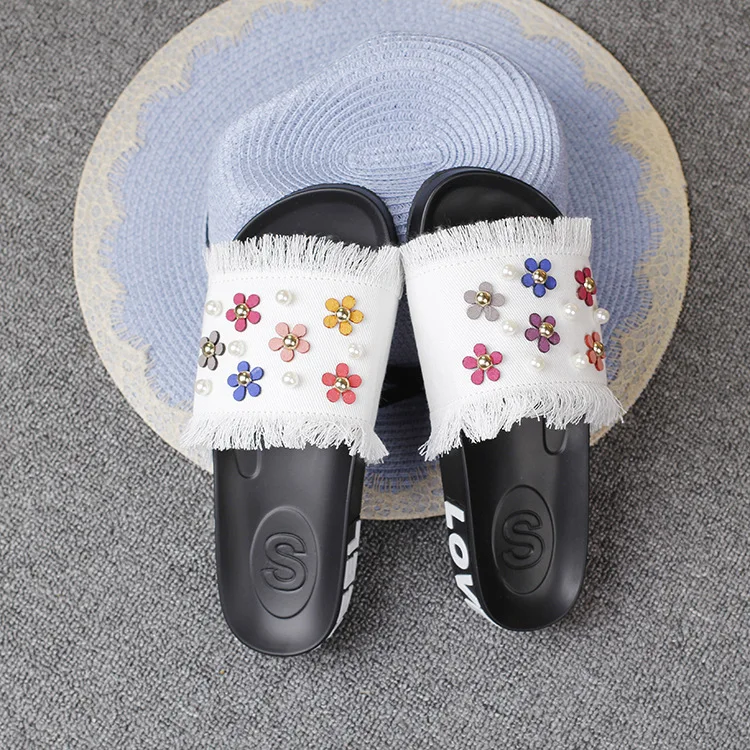 2016 New Korean Female Summer Sandals Casual Slippers Online Denim Daisy Pearl Ladies Comfort Footwear Cheap57