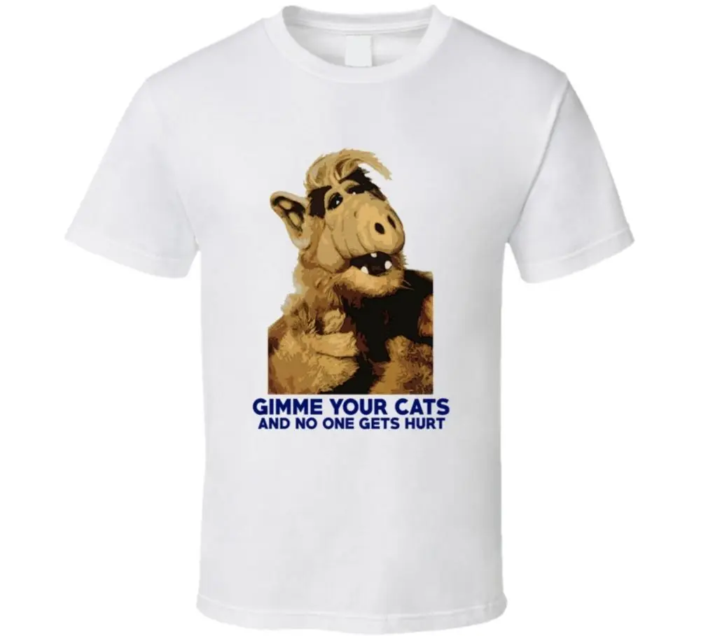 Alf Gimme Ваши кошки забавные 80 s ТВ инопланетянин вентилятор Футболка с героями
