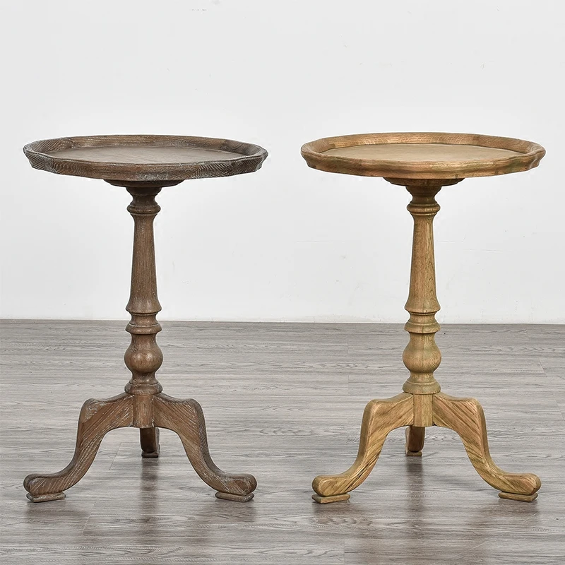 Oak small round French country side table solid wood corner small mini side table curved flower frame creative fruit plate