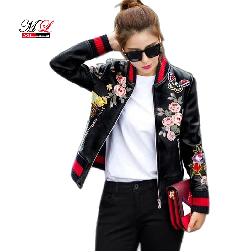 MLinina Print Pu Bomber Jacket Women Slim Short Basic Coat Floral Animal Female Black Zipper Outerwear Short Casual Ma1 Jackets
