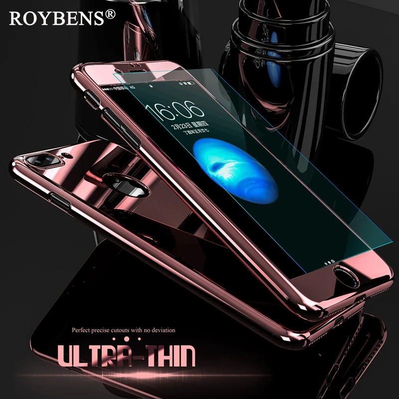 

Luxury Bling Metal Skin Plating Hard Front Back Case For iPhone 6 6S Plus iPhone 7 8 X Case 5S 360 Full Cover + Temper Glass