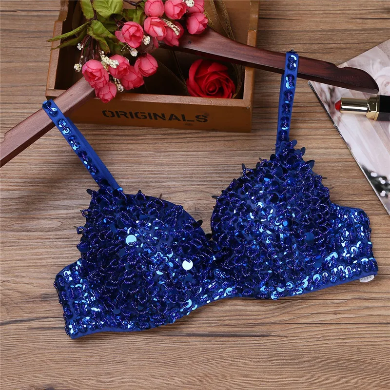 Adult Women FashionSparkle Sequins Beading Padded Bra Tops Raves Dance  Halloween Belly Dancing Tops Party Nightclub Club Wear