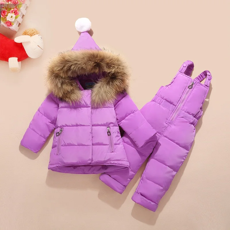 Зимняя детская одежда пуховое пальто для мальчиков и девочек Детский Теплый зимний комбинезон, верхняя одежда+ комбинезон, комплект одежды, Детские Зимние куртки для русской зимы - Цвет: XS308-Purple