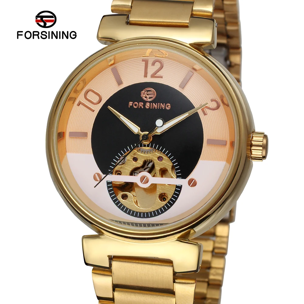 

FORSINING WATCH Creative luxury two-color dial rose gold strap mechanical men's wrist watch steel belt