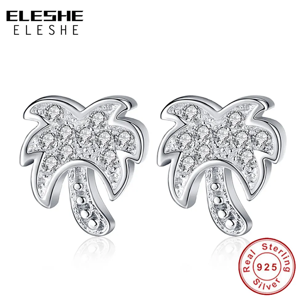 ELESHE Summer 100% 925 Silver Palm Tree Stud Earring With AAA Cubic Stones Earrings for Women