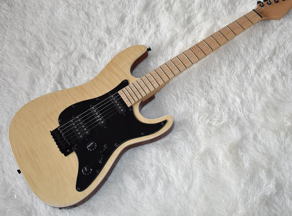 

Factory Custom Natural Wood Color Electric Guitar with Flame Maple Veneer,Bird Eye Neck,Black Hardware,Can be Customized