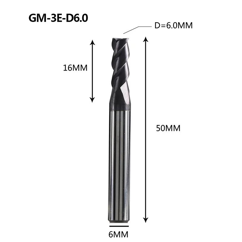 GM-3E Вольфрамовая сталь 3 Флейта с квадратной головкой с покрытием Концевая мельница с ЧПУ Фрезерный резак режущие инструменты для обработки металла приплюснутый фрезерный станок - Длина режущей кромки: GM-3E-D6.0
