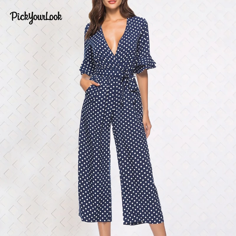 PickyourLook Jumpsuits for Women 2018 Summer Rompers Womens Jumpsuit Flare Sleeve Sexy Polka Dot Jumpsuit Deep V Beach Jumpsuit 