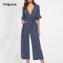 PickyourLook Jumpsuits for Women 2018 Summer Rompers Womens Jumpsuit Flare Sleeve Sexy Polka Dot Jumpsuit Deep V Beach Jumpsuit 
