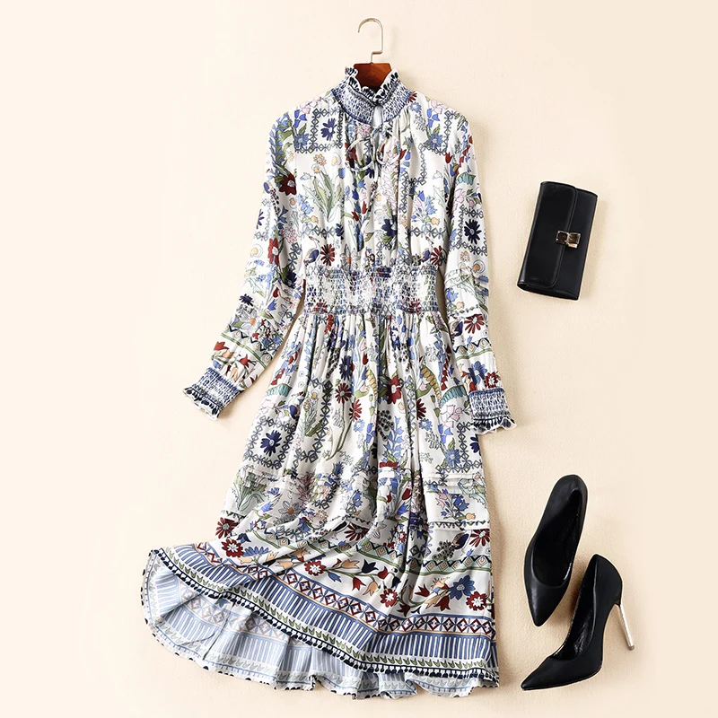 

Women ruffles stand collar long sleeve elegant dress floral patterns print brand dresses new 2019 spring