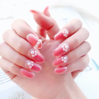 

24pcs/set Acrylic Candy Color Artificial Fake Nails 3D Simulation Pearl Nail Tips Bride Wedding Pink Color False Nails with Glue