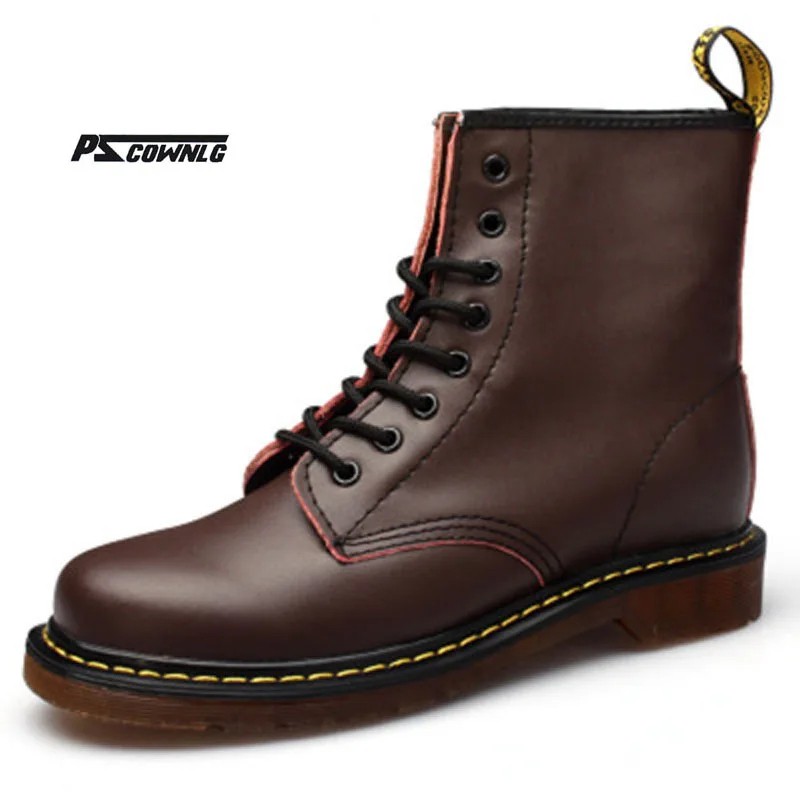 2017 Novos Outono e Inverno Dos Homens de Couro Genuíno Dedo Do Pé Redondo Plana Ferramental Couro Brogue Clássico Martin botas Ankle Boots