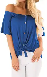 Летняя новая блузка на одно плечо с коротким рукавом и застежкой на пуговицы женская рубашка однотонная Офисная Женская блузка с вырезом