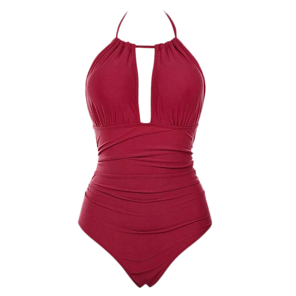 2019 New Red Halter One Piece Swimsuit Women Sexy High Neck Plunging