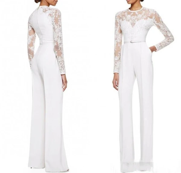 2018 new White Mother Of The Bride Pant Suits Jumpsuit With Long Sleeves Lace Embellished Women Formal Evening Wear Custom Made 117