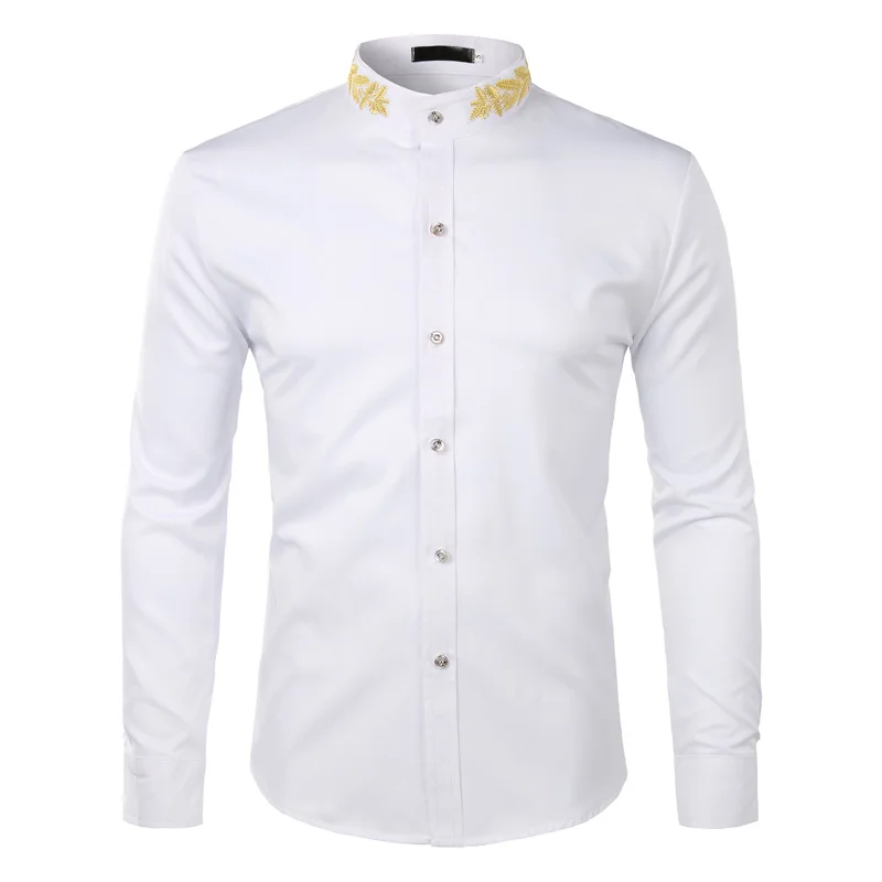 Goede Mode Borduren Overhemd Mannen 2018 Herfst Nieuwe Mandarijn Kraag Lange Mouwen Dress Shirt Heren Slim Fit Wedding Tuxedo Shirts Mannelijke