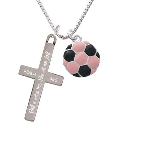 2-D Pink Soccer ball - She will not Fall - Cross Necklace (1)
