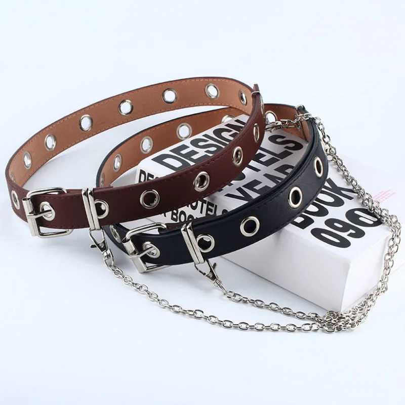 

Women Punk Chain Fashion Belt Adjustable Black Double/Single Eyelet Grommet Leather Buckle Belt