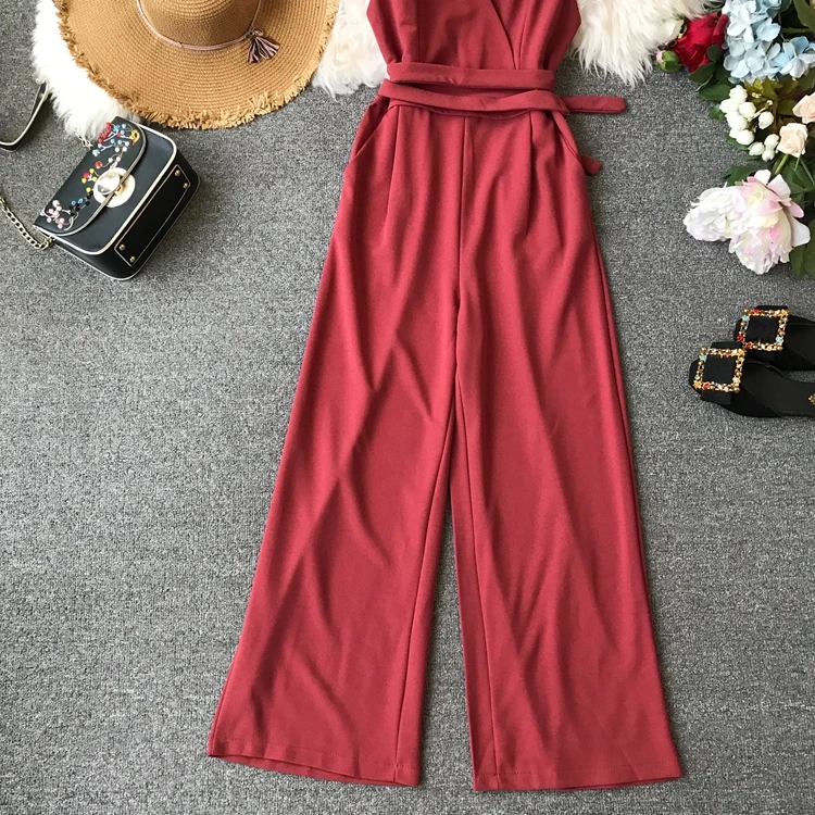 Sleeveless V-neck High Waist Sashes Wide Leg Jumpsuit