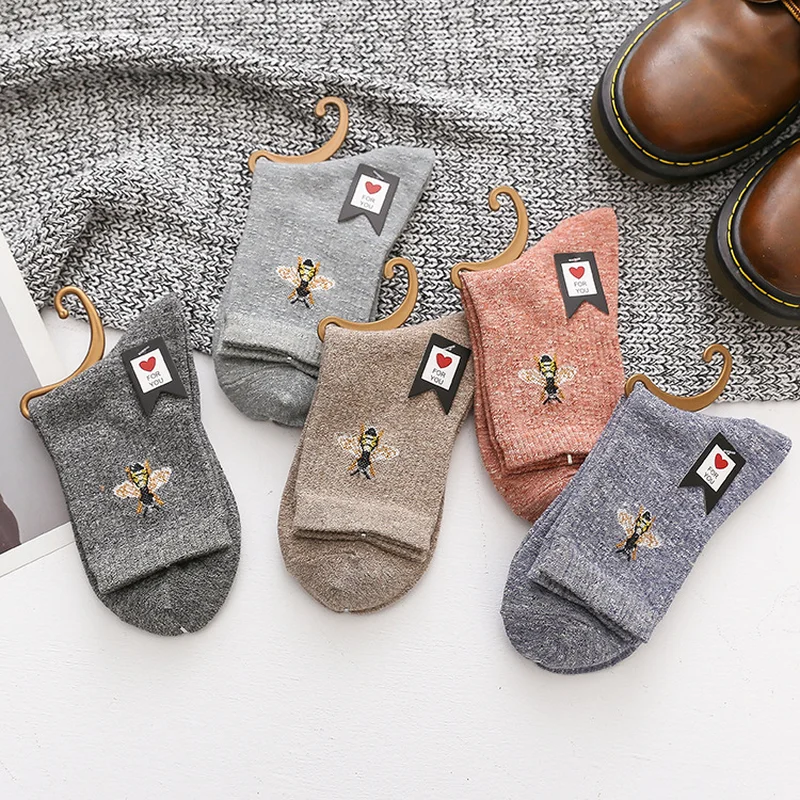 Bee Embroidery Women Socks Cotton Female Fashion Solid Color Harajuku Cute Funny Socks Warm Winter Short Socks