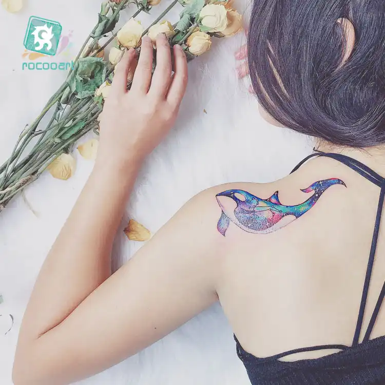 Watercolor Dolphin Temporary Tattoo Sticker Women Sketch Unicorn Colorful Peacock Wolf Fake Flash Tatoo Girl Body Backside Taty