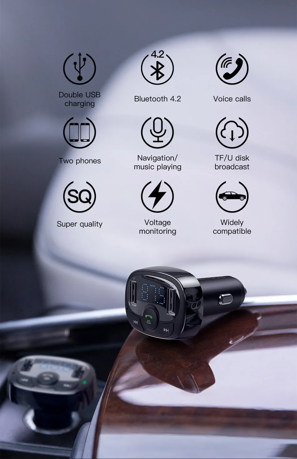 Автомобильное зарядное устройство Baseus для iPhone, мобильного телефона, громкая связь, fm-передатчик, Bluetooth, автомобильный комплект, ЖК MP3-плеер, двойное автомобильное usb-устройство для зарядки телефона