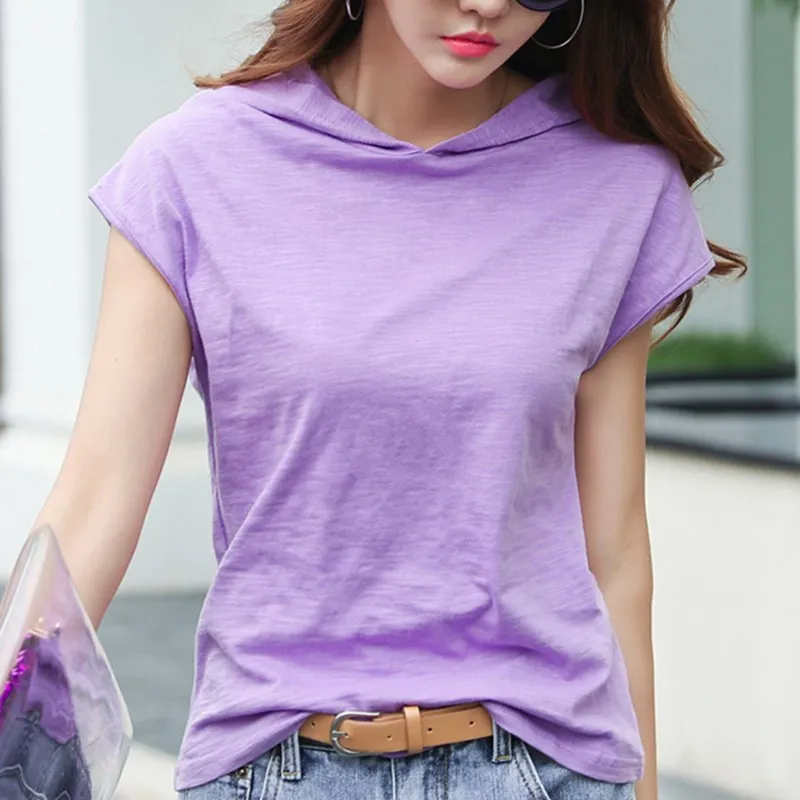 Gkfnmt женская летняя повседневная футболка с капюшоном белая футболка хлопок короткий рукав топы размера плюс серый черный розовый одежда XXXL - Цвет: Фиолетовый
