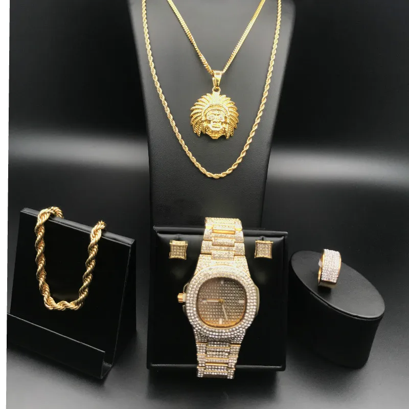 

Hip Hop Ice Watch Diamond Men Iced Out Hip Hop Watch&Necklace&Bracelet&Earrings Set Top Brand Luxury Hip Hop Bracelet Combo Set