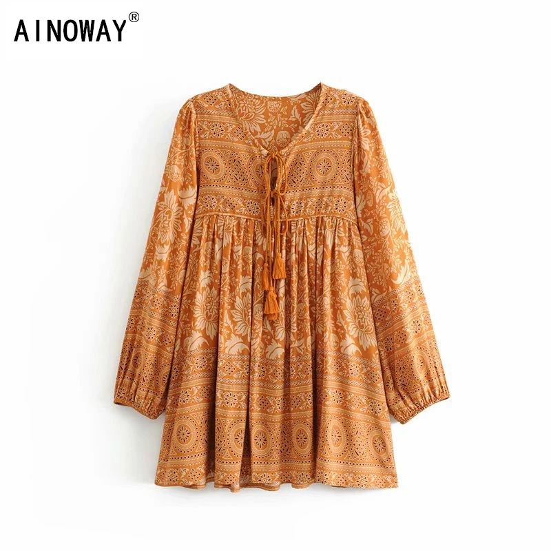 

Vintage chic women floral print long sleeve tassel ruffles beach Bohemian mini dresses Ladies loose v-neck rayon Boho dress