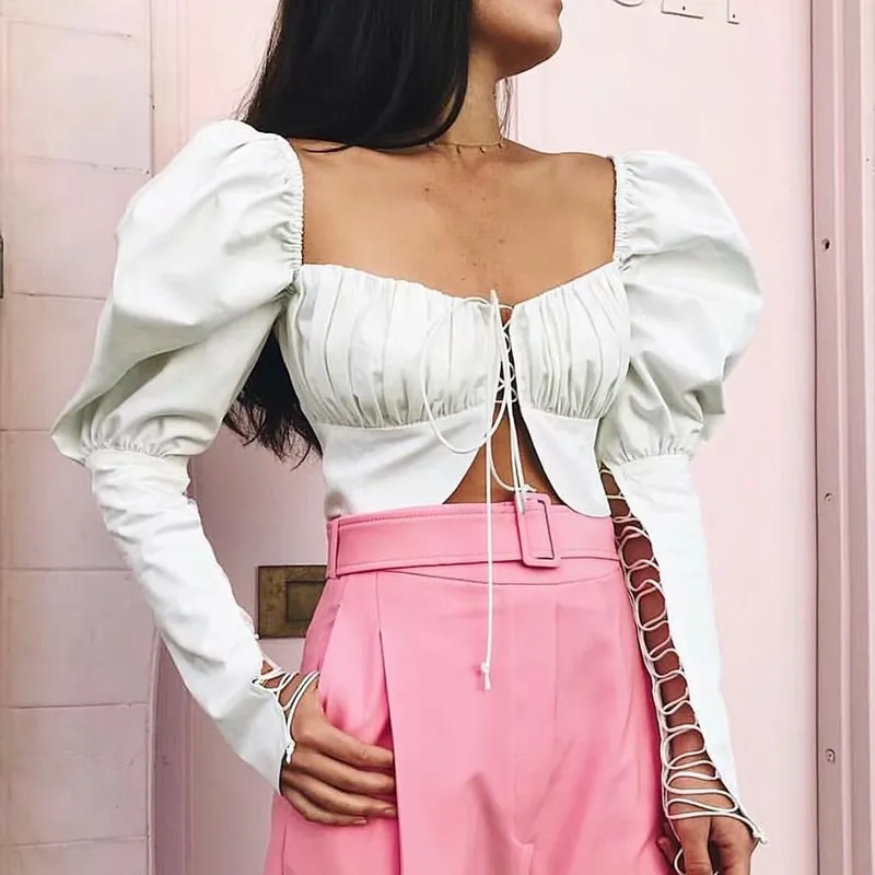 

Women Party Square Neck Puff Sleeve Club Shirts Short Lace Up Backless Pleated Shirts White Hollow Out Sexy Crop Tops