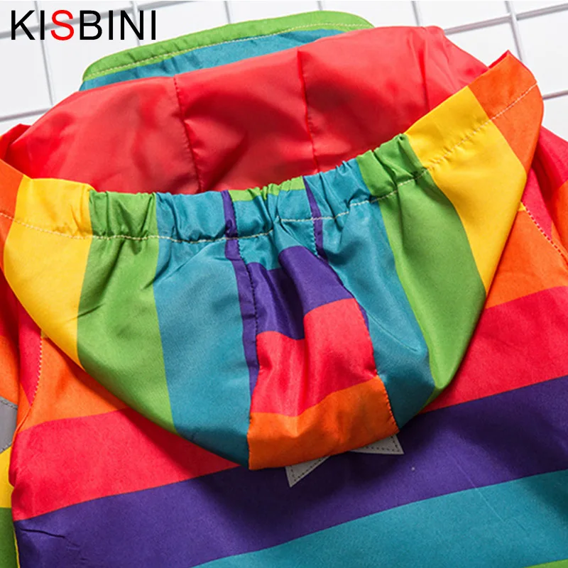 Best  KISBINI New Boys Girl Jacket Rainbow Color Striped Hooded Zipper Coats For Kids Children Baby Windb