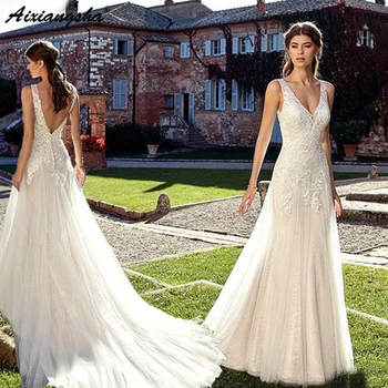 

Ivory White Wedding Dresses Double Shoulder V Neck Floor Length Train Illusion Bridal Dress Wedding Gowns Vestido De Noiva