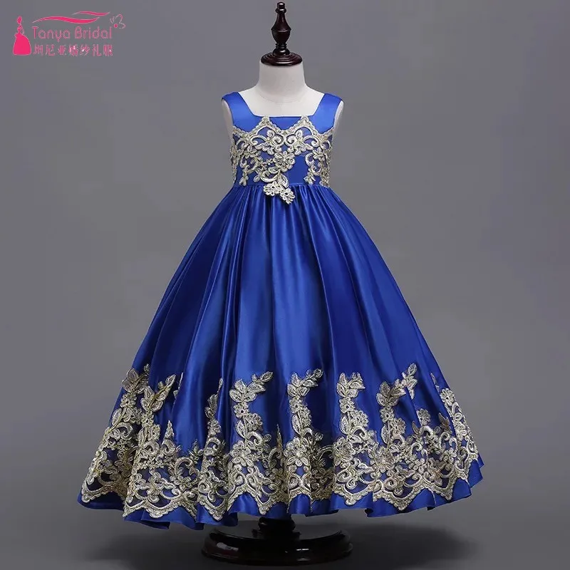 Королевское Голубое Кружевное с аппликацией длинное платье с цветочным узором для девочек на свадьбу, пышные платья для девочек, детское