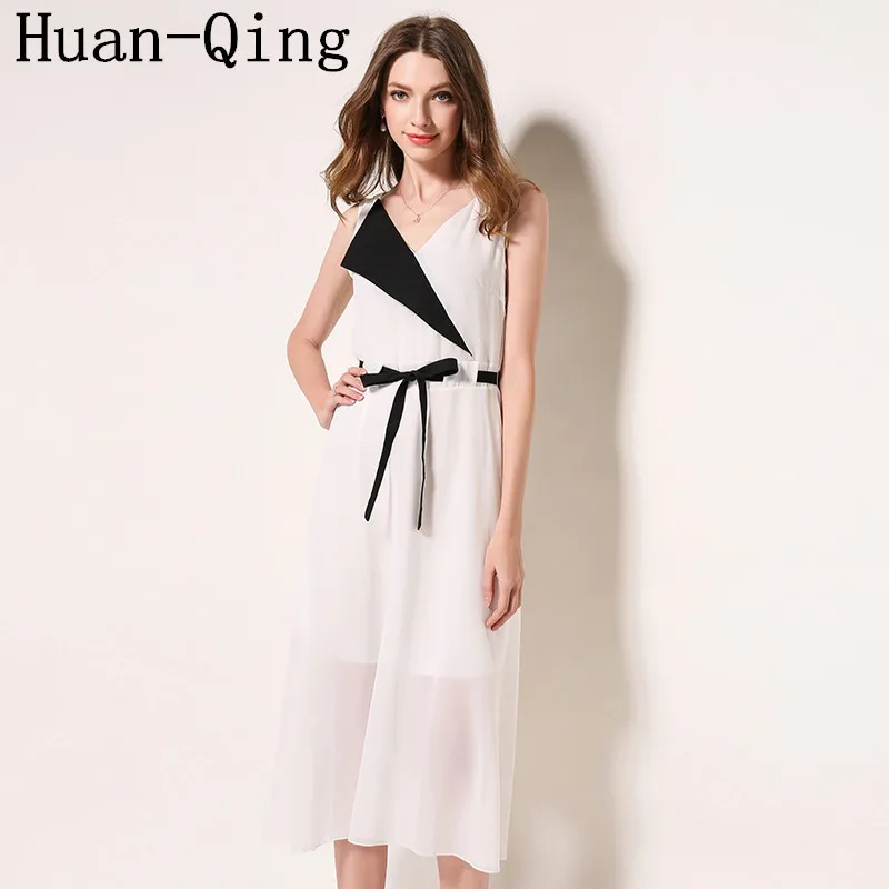 

Huan-Qing New Korean Summer Ladies Elegant Chiffon Vest Long Dress Women Sexy V-Neck Sleeveless Tank Party White Dresses Vestido